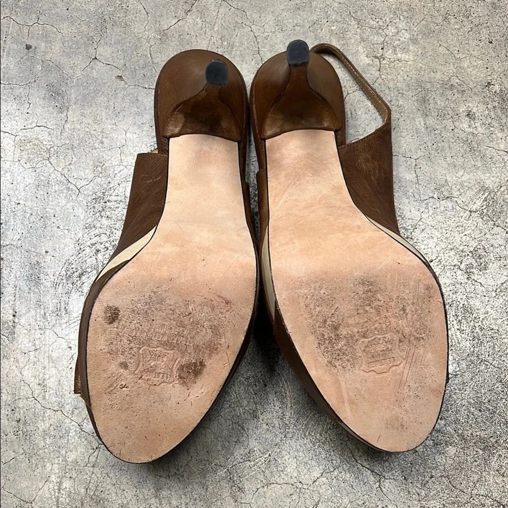 * Stuart Weitzman Brown and Cream Peep-Toe Heels - Picture 4 of 9